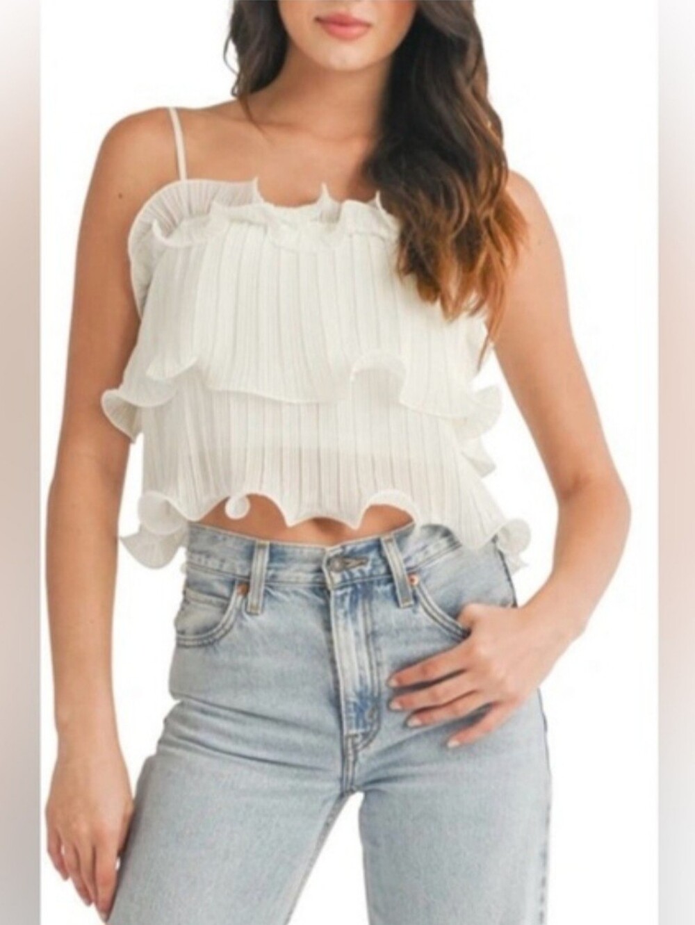 LUSH Women’s White Ruffle Pleated Cami Top